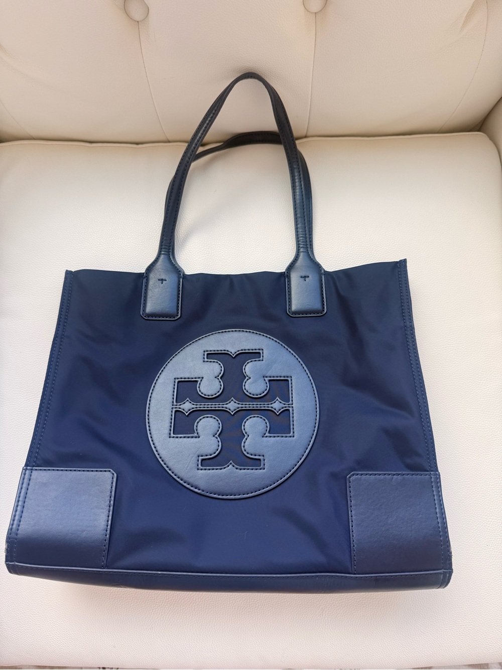 Tory Burch Navy Logo Tote with Leather Trim